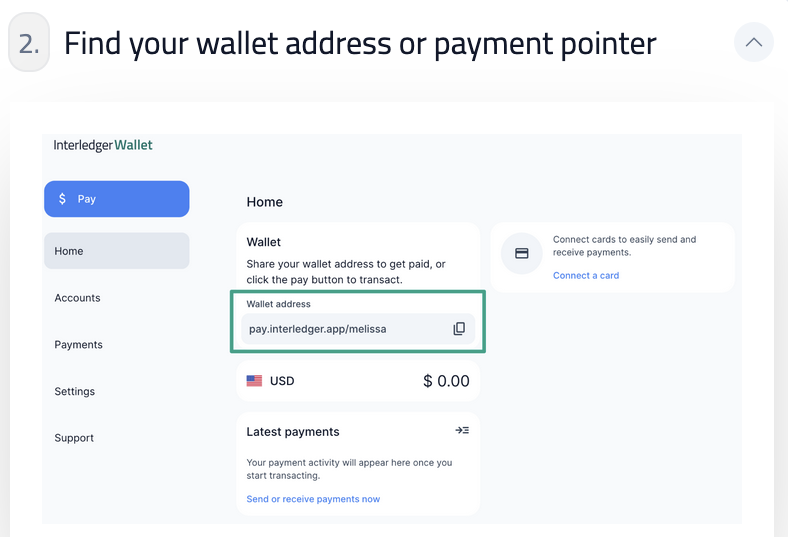 Interledger Wallet dashboard displaying a wallet address